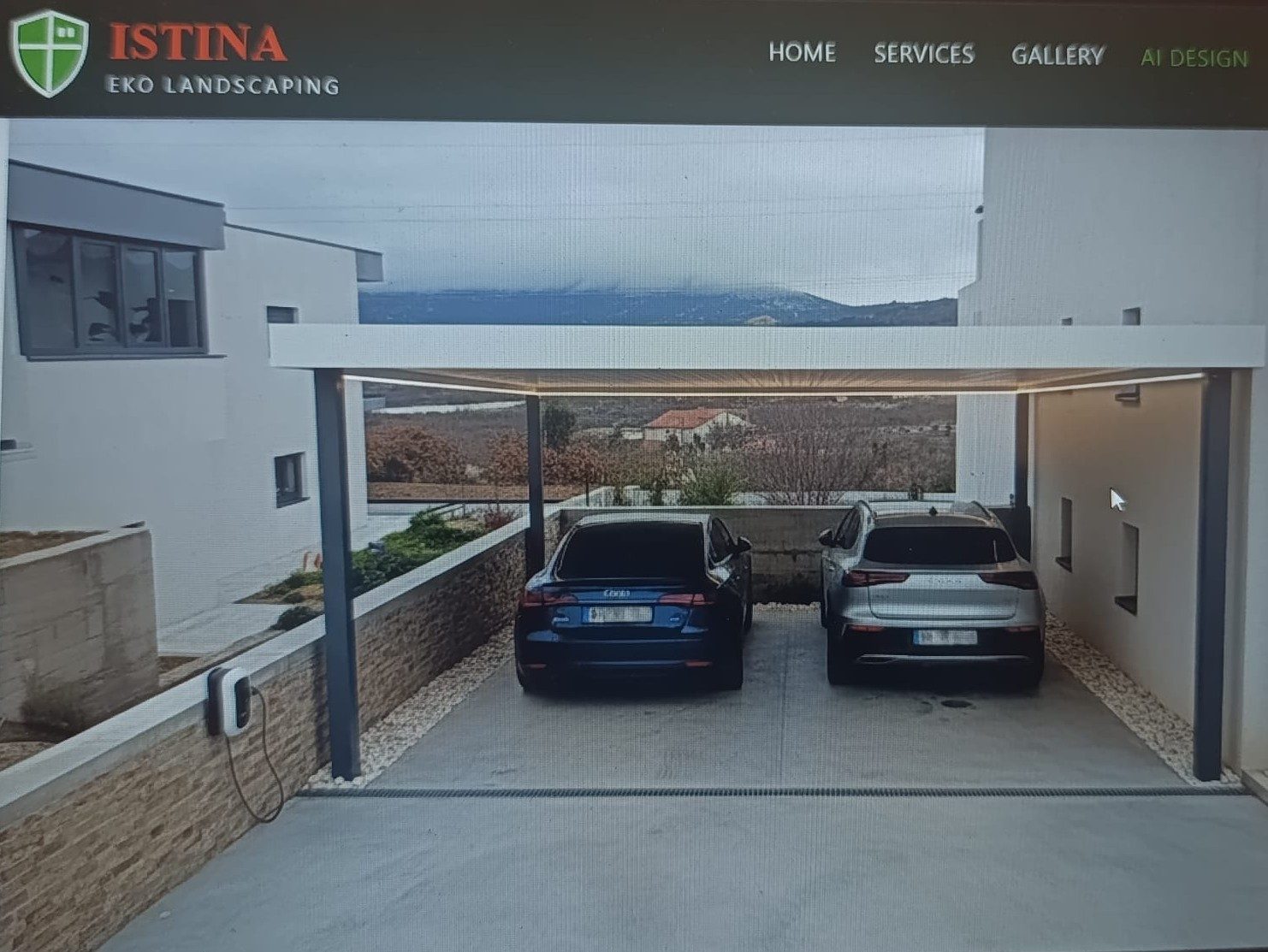 AI vizija parkinga od dekorativnog betona u vrtu